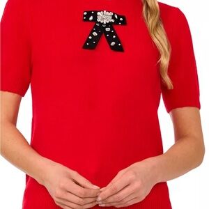 CeCe Red Blouse with Black Bow Detail